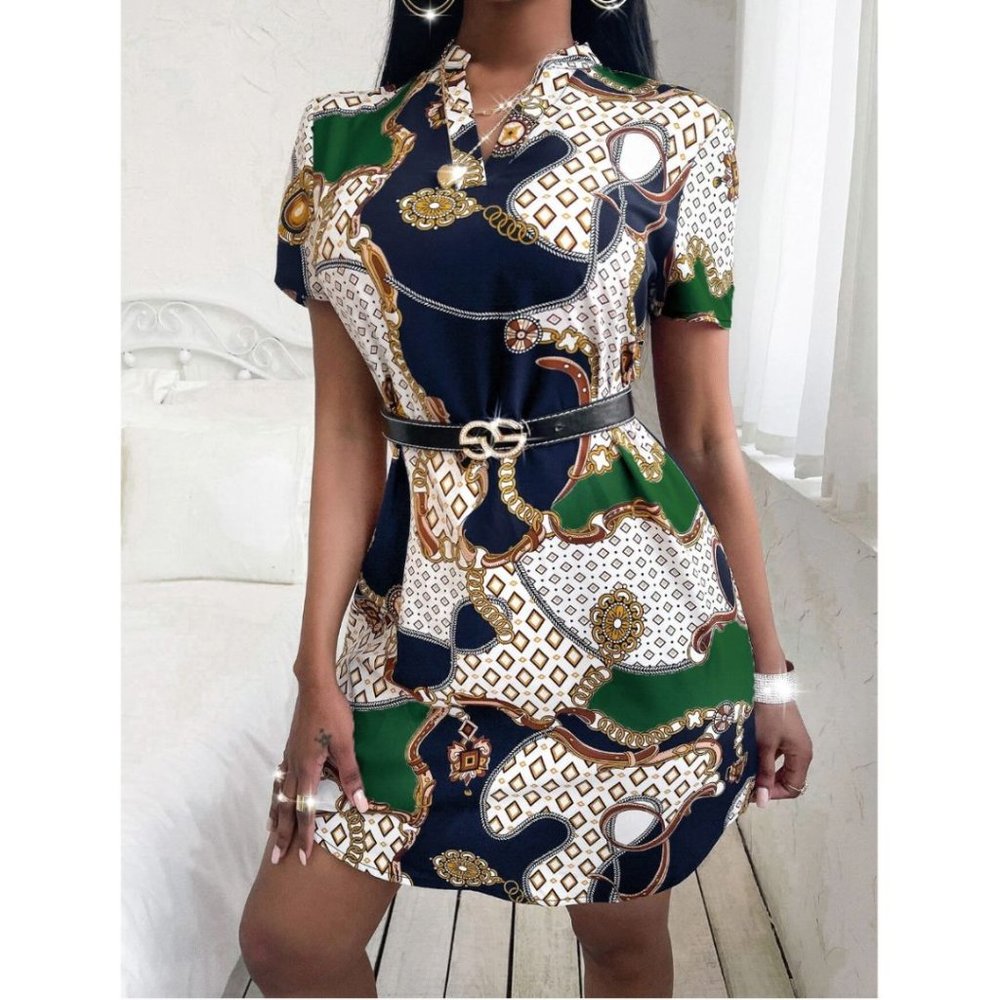 Chain Print Notched Neck Dress Without Belt